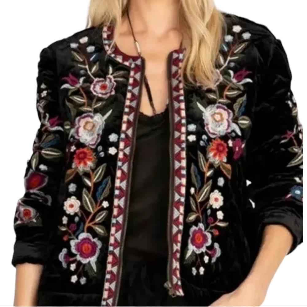 Johnny Was Black Embroidered Quilted Jacket  sz XS